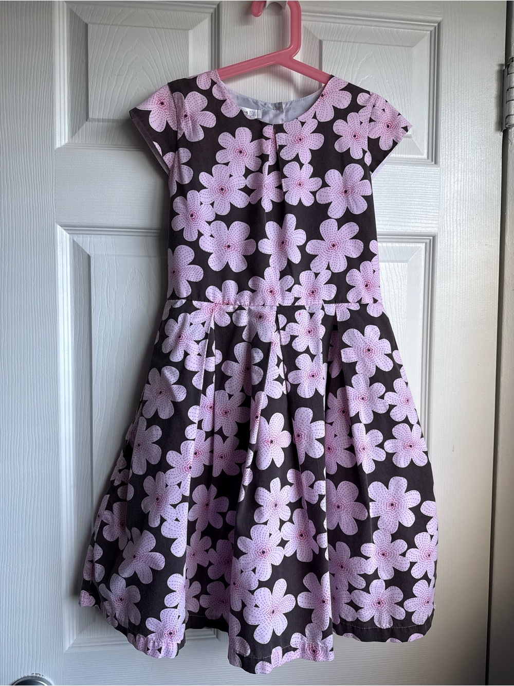 Joe-Ella Girls Pink Brown Floral Dress Cap Sleeve Retro Flower Gathered Size 8